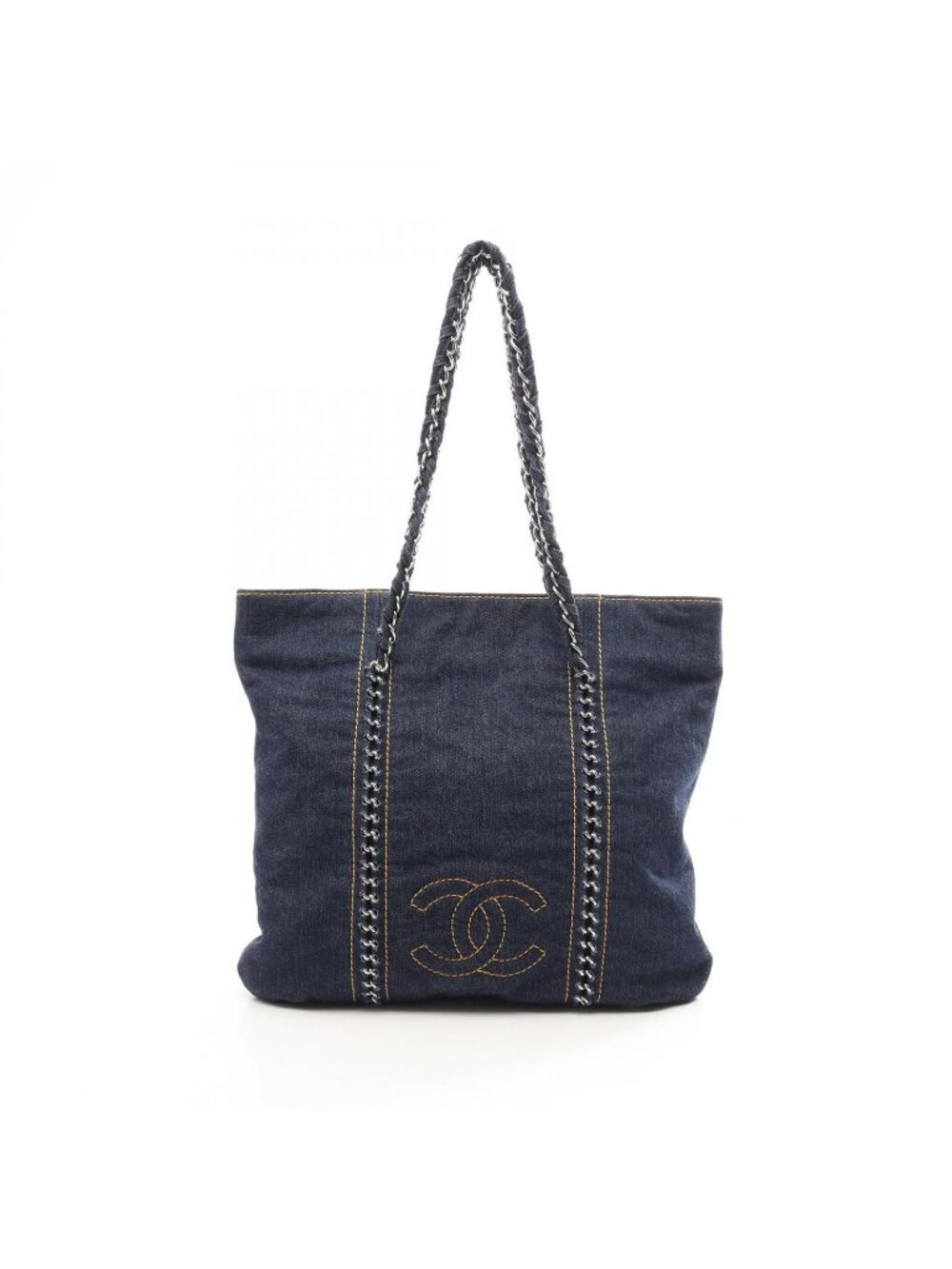 Chanel Tote Bag Line Denim Blue Yellow Chain